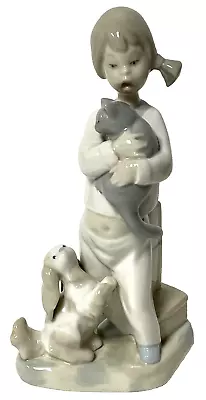 Lladro 1960's Pigtail Girl Holding Cat With Dog 8.25  Porcelain Figurine -Broken • $19.99