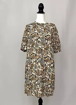 Whistles Safari Camo Print Dress Brown Multi Round Neckline Size Small • £36