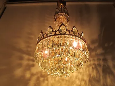 Antique Vintage Brass | Crystals  Chandelier Ceiling Lamp French Lamp 1950 • $490