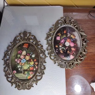 Vintage Oval Floral Italy Brass Frame Convex Bubble Glass Ornate Pair  • $74.99