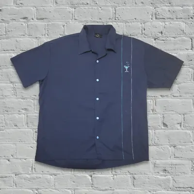 Men's XL Steady Last Call Navy Blue Button Up Retro Martini Camp Bowling Shirt • $19.99