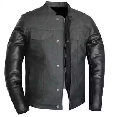 Mens Black Leather & Denim Biker Style Riding Motorcycle Jacket Concealed Carry • $139.99