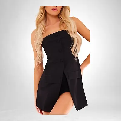 Pretty Little Thing Black Tailored Button Skort Bandeau Playsuit UK Size 8 • £21.95