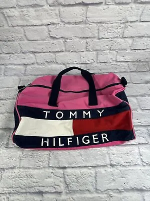 Vintage Tommy Hilfiger Duffle Bag Gym Flag Spell Out Color Block  90s Pink • $26