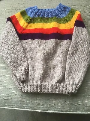 New Hand Knitted Boys Rainbow Jumper With Grey Body Size. 2-3 Years • £19