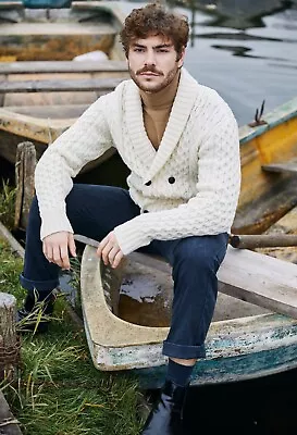 SAOL Aran Irish Fisherman Sweater Shawl Cable Knit 100% Merino Wool Cardigan • $127.30