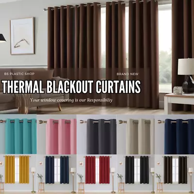 Thermal Thick Blackout Curtains Ring Top Eyelet Ready Made Pair Energy Saving • £21.92