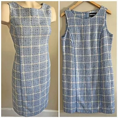 VINTAGE Tweed Blue & White Grid Printed Sleeveless Career Chic Dress • $44