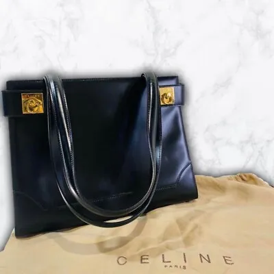 Vintage Old CELINE Leather Shoulder Bag Tote Bag Black Gancini • $328