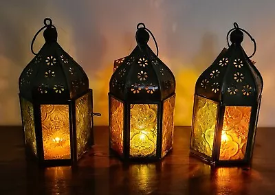 Set Of 3 Mini Moroccan Style Embossed Glass Zinc Lanterns TeaLight Holder Amber • £16.99