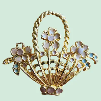 Vintage Brooch - 18K Gold Plated Painted White Enamel Flower Basket Brooch - UK • $9.95