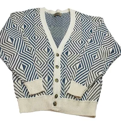 Vintage Jantzen Cardigan Sweater Mens M Ivory Blue Geometric Grandpa Loose Knit • $34.97