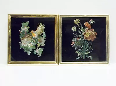 Vintage Kafka Metal Foil Art Christmas Birds #5384 & Flowers #1001 Framed 6 X 6 • $25.98