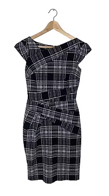 Warehouse Iconic Rare Tartan Checked Wiggle Bodycon Dress Black White UK Size 8 • £19.99