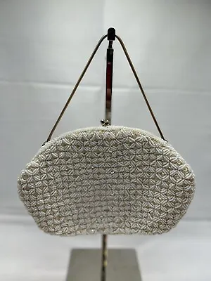 Vintage Cream Colored Beaded Sequin Evening Clutch Hong Kong 50s/60s Gold Purse • $15.99