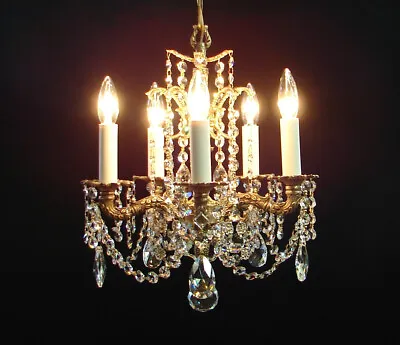 Vintage Petite French Brass Crystals 5 Lights CHANDELIER • $499.95