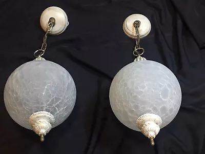 Mid Century Modern  Pair Moe Hanging Pendant Lamp Lights Crackle Glass Orb • $149.50