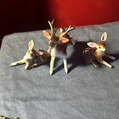 Vintage Set Of 3 Miniature Bone China Deer Figurines Buck And Fawns Shiken Japan • $34