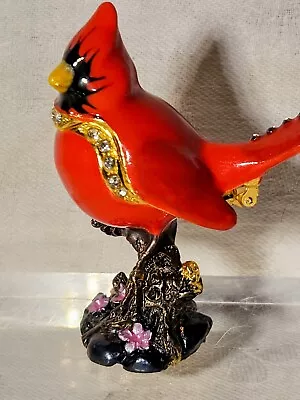 Male Cardinal Red Bird Bejeweled Ring Box Trinket Enamel Pink Flowers Crystals • $40