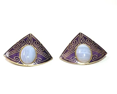 Mona So Vintage Purple Enamel Cloisonne Earrings Blue Agate Stones • $15