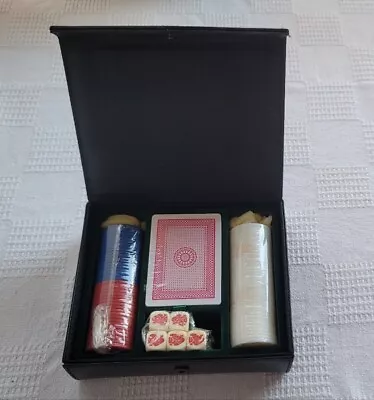 ONS Poker Chip Set Complete Mini Travel Cards Dice Gamble Faux Leather NEW VTG • $23.99