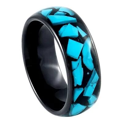 Tungsten Ring Black IP Plated Blue Turquoise Fragments Inlay 8 Mm Wedding Band • $38.80