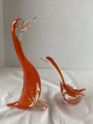 Vintage MCM Murano Glass Ducks Mother & Baby Orange And Clear • $81.50
