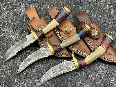 LOT OF 3PCS STAG HORN KNIFE HAND Made DAMASCUS Christmas  Knife BL-1240 W/Sheath • $40.59