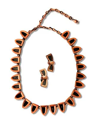 VINTAGE Matisse Renoir Copper And Black Enamel Necklace And Bow Earrings Set • $126