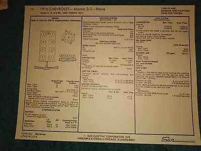 $9.99 • Buy 1976 Chevrolet Monza 2+2 / Nova 262 V-8 Engine Sun Tune-up Chart / 2bbl Carb