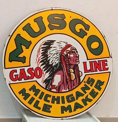 PORCELAIN Musgo Gasoline Gas Michigan's Mile Maker ENAMEL SIGN 50 Cm Diameter • $350