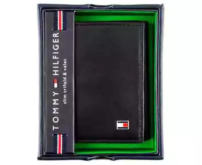 Mens TOMMY HILFIGER Oxford Slim Trifold Leather Wallet - Black AU Free Delivery • $33.89