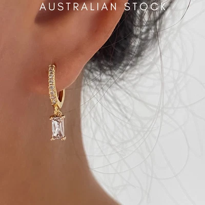 $17.97 • Buy Dangle Earrings Huggie Hoop Drop Pendant Gold Plated Minimalist Clear White 3mm