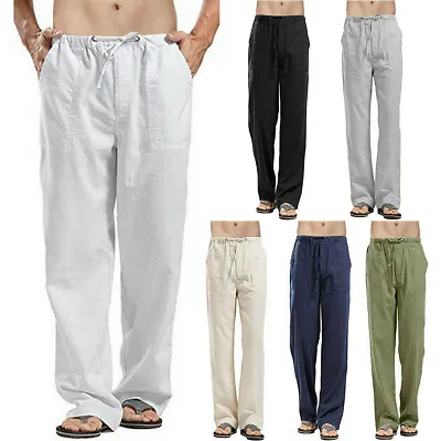 Summer Mens Casual Trousers Linen Baggy Pants Soft Cotton Loose Elastic Waist UK • £9.59