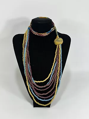 Vintage Unsigned African Ghana Powder & Glass Beads Multi Strand Necklace • $44.90