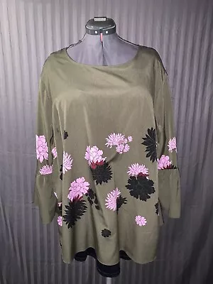 Apt. 9 Olive Green Polyester Floral Accents Plus-size 3X Bell Sleeve • £24.11