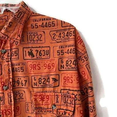 Barn Fly Trading Shirt Men's XL Orange License Plate Cotton Button-Up Cowboy Vtg • $22