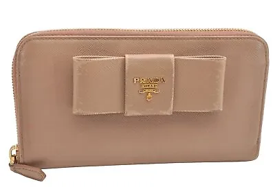 Authentic PRADA Saffiano Ribbon Vintage Leather Long Wallet Purse Beige 9676H • $170