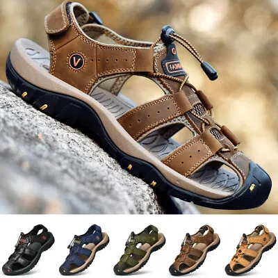 UK Mens Summer Sandals Outdoor Walking Hiking Close Toe Beach Leather Shoes Size • £18.99
