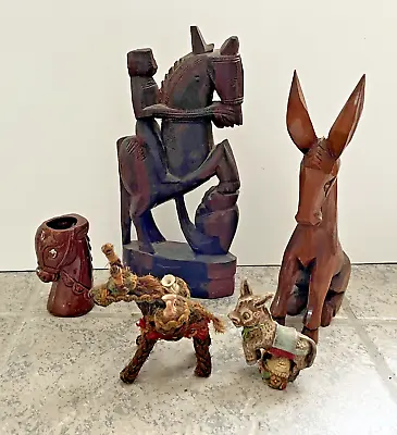 Lot  5 Vintage Horse Donkey Hand Carved Wood Ceramic Vase Weave Mexico • $19.99