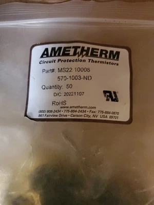 $145 • Buy AMETHERM  MS22 10008Thermistor, ICL NTC, 10 Ohm, -25% To +25%, Radial Leaded,