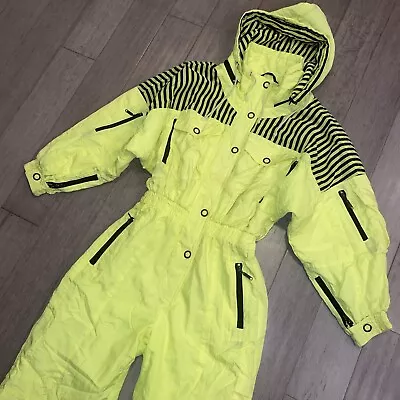 Mens Small Vtg 80s Ski Suit One Piece Snowsuit Snow Bib Retro Rodeo Neon Yellow • $199.99