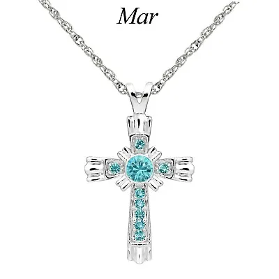 $13.99 • Buy Forever Silver Austrian Crystal Birthstone Cross Necklace 15 - 18  Adj Chain MAR