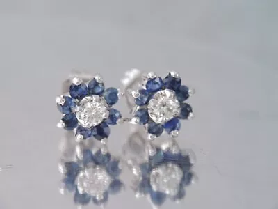 Beautiful 14k White Gold Diamond And Blue Sapphire Stud Earrings • $28