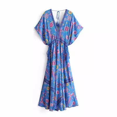 Boho Floral Peacock Print Bat Sleeve Tassels Deep V-Neck Long Maxi Dress • $70.39