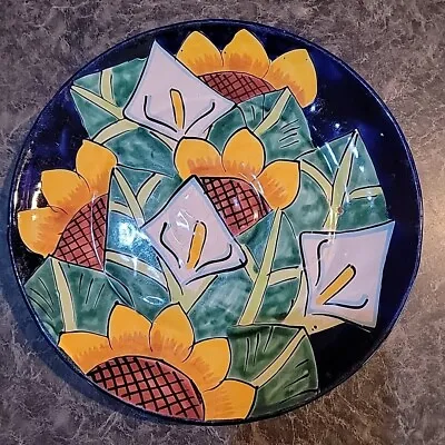 Mexico Cala Lily Sunflower Indigo Blue Hand Painted Wall Talavera Pottery Plate • $24.70