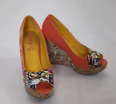 Ed Hardy Orange Tiger Cork Wedge Platform High Heel Shoes Y2K Women's US Size 8 • $39.99