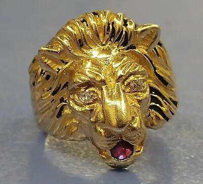 $594.95 • Buy 14K Yellow Gold Men's Diamond & Ruby Lion's Head Pinky Ring