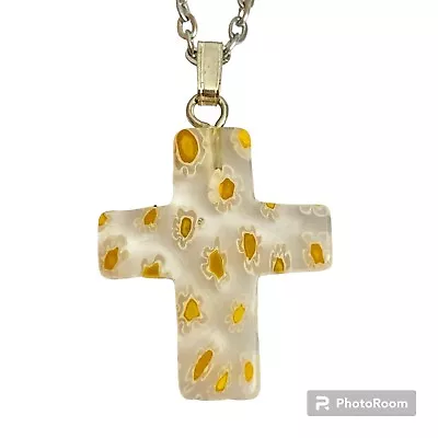 Yellow Murano Art Glass Cross Necklace Millefiori Flowers Vintage Stainless 18  • $14.99