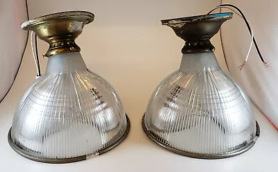 ~ Pair Vintage Industrial Factory Lights Holophane Ribbed Glass Set Of 2 ~ • $395